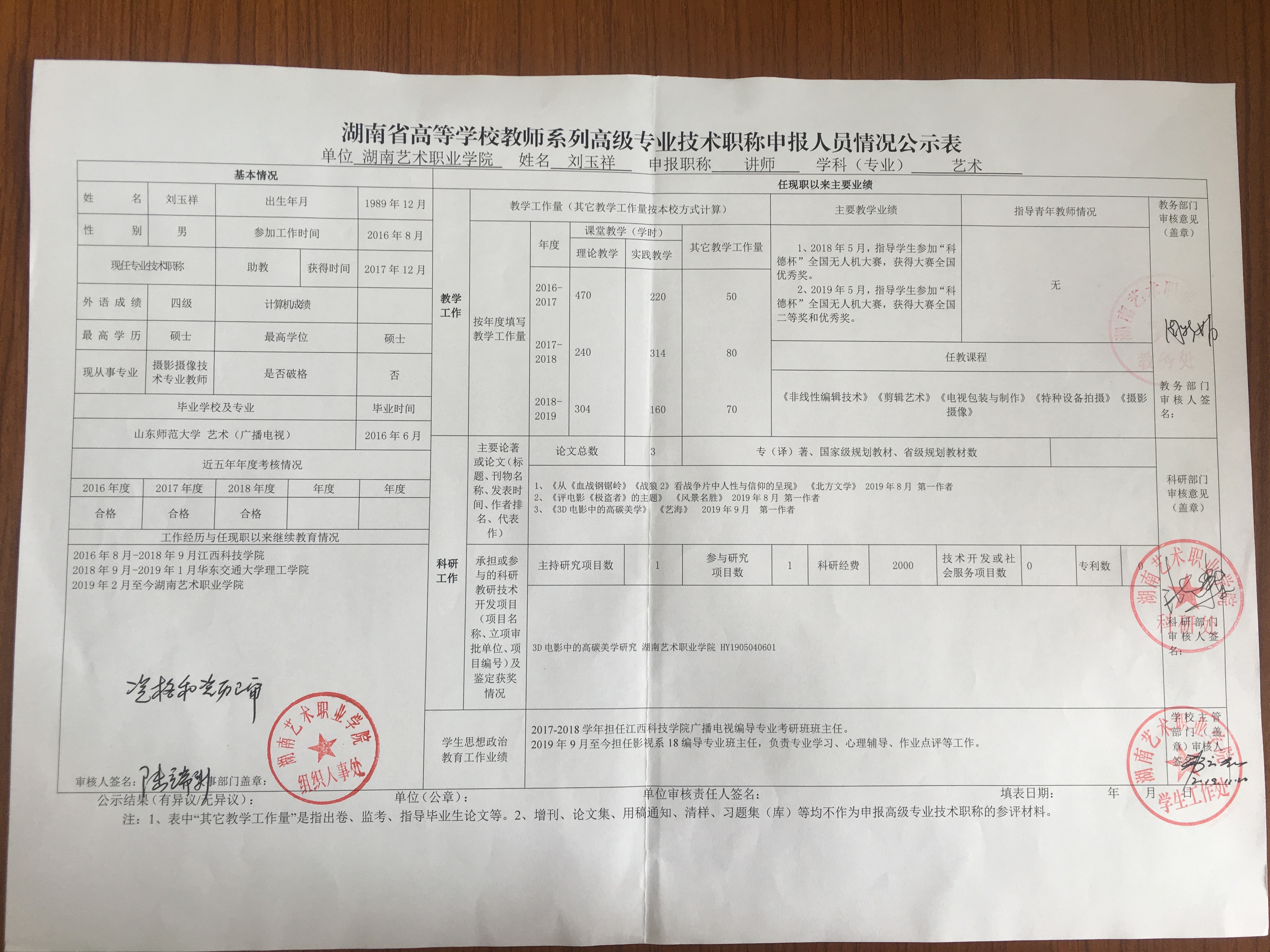 湖南艺术职业学院关于对申报2019年度教师系列职称人员情况的公示